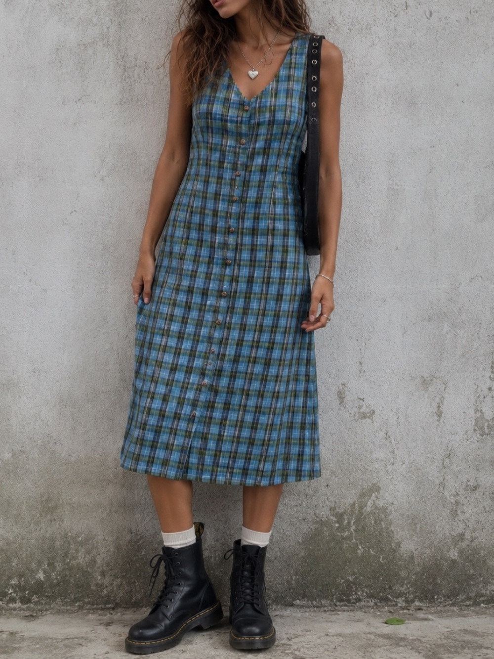 HANDMADE 90s Grunge Plaid Cotton Midi Dress Size Med-Lg Button Front
